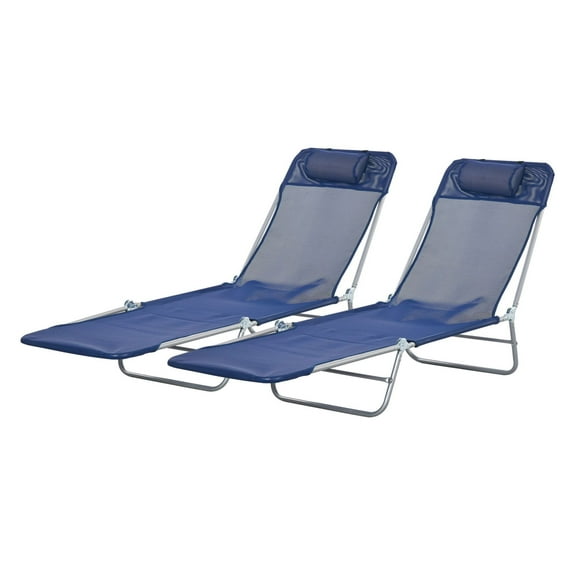 Folding Chaise Lounge Chairs Set of 2 - Dark Blue Sun Loungers with Reclining Back & Headrest - Breathable Mesh Outdoor Beach Chairs for Pool, Patio, Camping