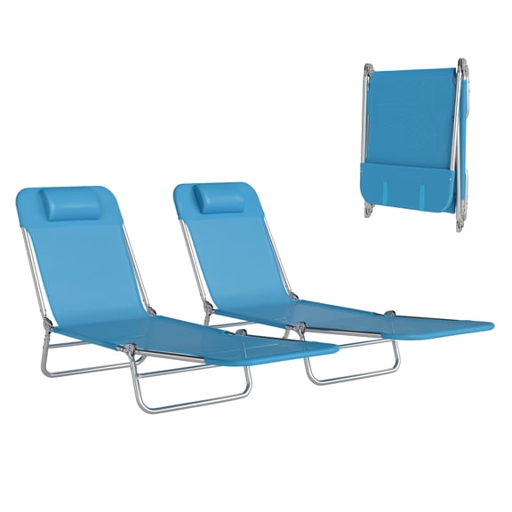 Folding Chaise Lounge Chairs Set of 2, Pool Sun Tanning Chairs with Reclining Back, Breathable Mesh, Headrest for Beach, Patio, Blue
