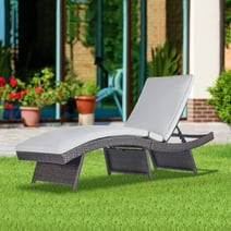Folding Chaise Lounge Outdoor Patio Wicker Pool Chaise Lounge Chair for Outside Assembled Sun Lounger Cushion Grey,No Assembly Required