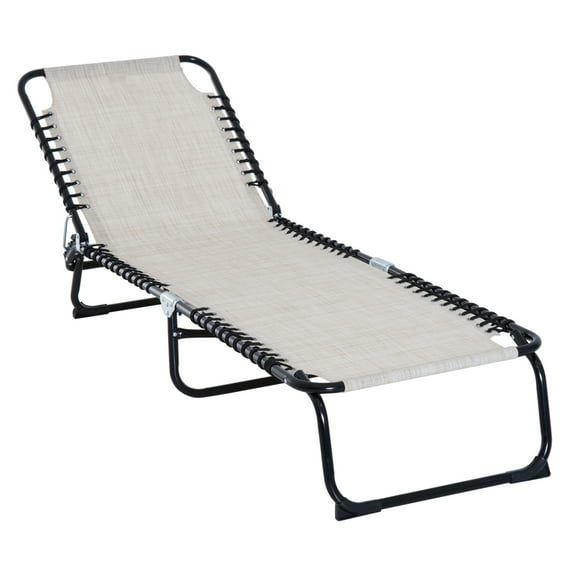 Folding Chaise Lounge Pool Chair, Patio Sun Tanning Chair, Outdoor Lounge Chair with 4-Position Reclining Back, Breathable Mesh Seat for Beach, Yard, Patio, Cream White White + Steel