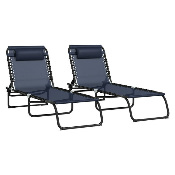 Folding Chaise Lounge Pool Chair Set of 2, Patio Sun Tanning Chair, Outdoor Lounge Chair w/ Reclining Back, Pillow, Breathable Mesh & Bungee Seat for Beach, Dark Blue Blue + Steel