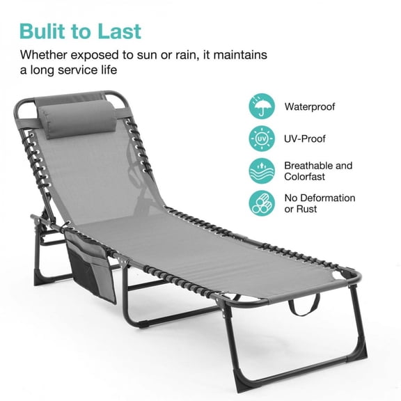Folding Chaise Lounge Pool Chair Set of 1, 4-Position Reclining Patio Sun Tanning Chair with Breathable Mesh Seat