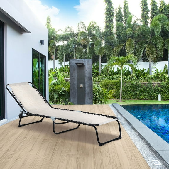 Folding Chaise Lounge Pool Chair with 4-Position Reclining Back, Pillow, Breathable Mesh & Bungee Seat, Cream White