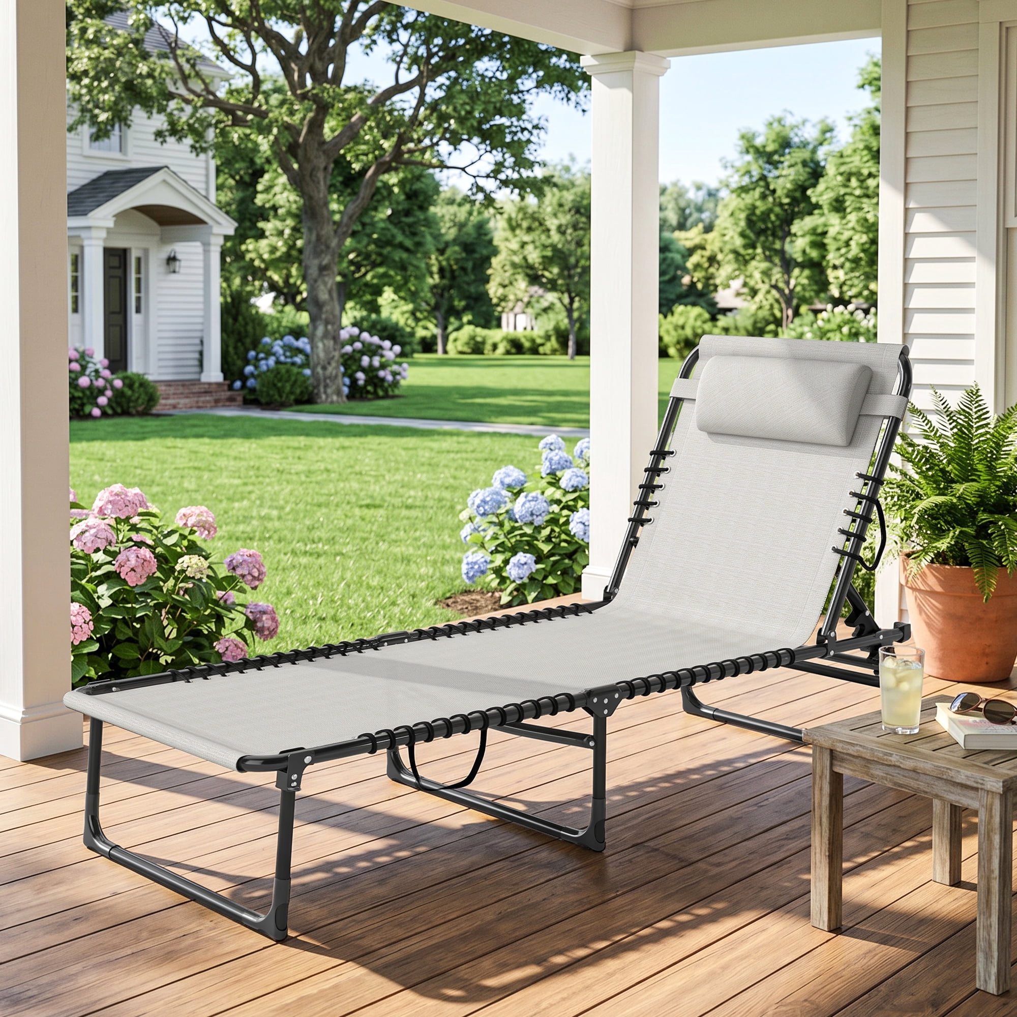 Folding Chaise Lounge Pool Chair with 4-Position Reclining Back, Pillow, Breathable Mesh & Bungee Seat, Cream White