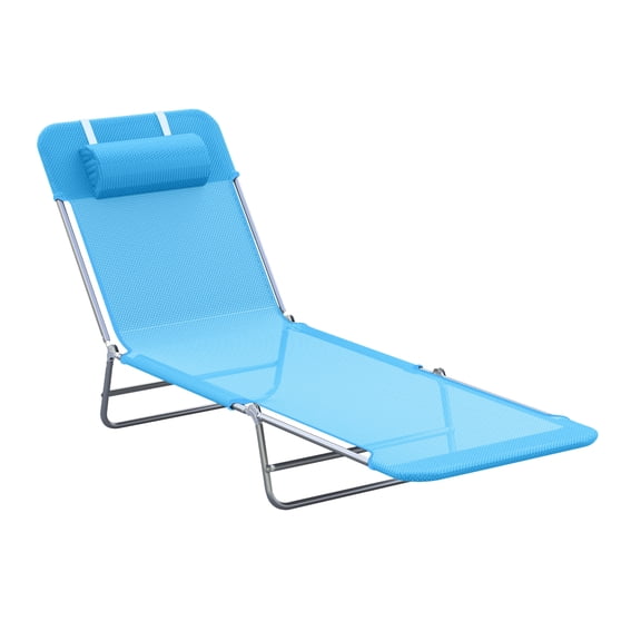 Folding Chaise Lounge Pool Chairs, Outdoor Sun Tanning Chairs with Pillow, Reclining Back, Steel Frame & Breathable Mesh for Beach, Yard, Patio, Blue