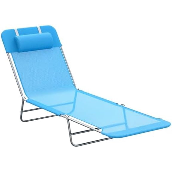 Folding Chaise Lounge Pool Chairs, Outdoor Sun Tanning Chairs with Pillow, Reclining Back, Steel Frame & Breathable Mesh for Beach, Yard, Patio, Blue