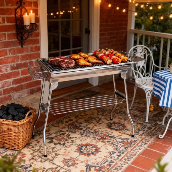 Folding Charcoal BBQ Grill: Portable Stainless Steel Cooker; Feeds Up to 15 People; Heat Control; Ideal for Camping, Picnics, Outdoor Events