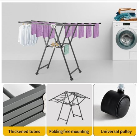 Folding Clothes Drying Rack 2-Tier, Large Laundry Drying Rack with Height-Adjustable Wings, Indoor Outdoor Collapsible Foldable Clothes Drying Rack, with 4 Castors,Easy to Fold - Grey