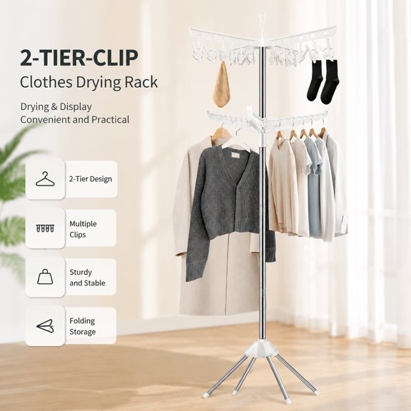 Folding Clothes Drying Rack Tree with 24 Clips, 2 Layer Indoor Stainless Steel Clothes Organizer, 66.9-Inch, 3 Rotatable Arms, 4 Legs, White and Silver