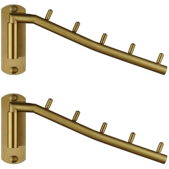 Folding Clothes Hanger Rack, Stainless Steel Swing Arm Hook Holder, Clothing Hanging System Drying Closet Storage Organizer Brushed Gold Wall Mount 2 Pack, SHR100-BG-P2