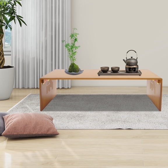 Folding Coffee Table, Foldable Floor Table with Chinese Landscape Carving, Low Table Without Assembly