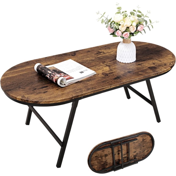 Folding Coffee Table for Living Room Industrial Brown Small Low Table Wooden Foldable Coffee Tables Oval Floor Desk Table for Small Spaces Home Office