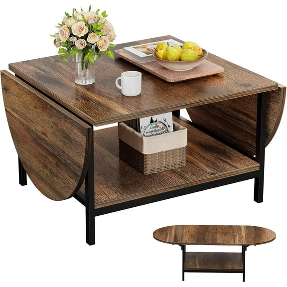 Folding Coffee Table for Living Room, Small Coffee Tables with 2-Tier Storage, Mid Century Modern Center Table for Small Space, Oval Farmhouse Table Square