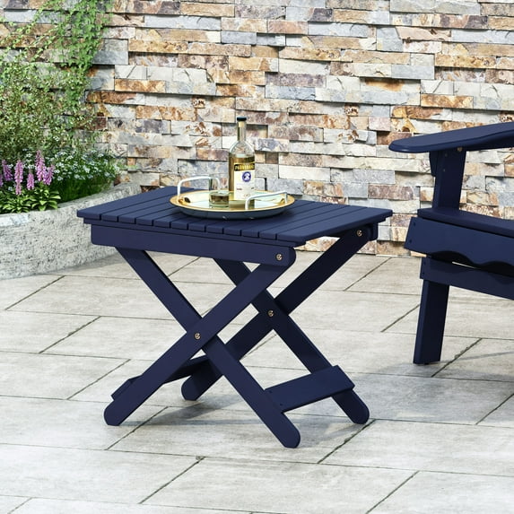 Folding Coffee Table with Slat Design, Outdoor Wooden Side Table, Square End Table for Patio, Garden, Camping and Indoor, Assembly Required, 15"D x 22.75"W x 18.25"H, Navy Blue