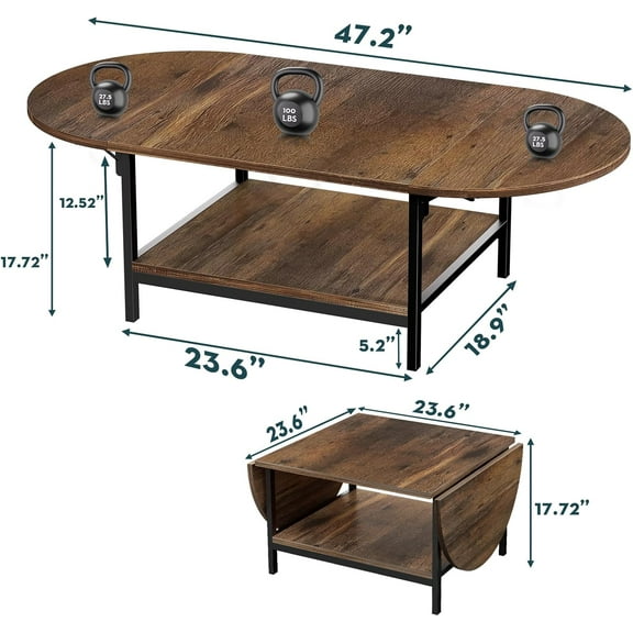Folding Coffee Table with Extendable Top and 2-Tier Storage for Living Room, Mid Modern Center Table for Small Space, Dark Brown