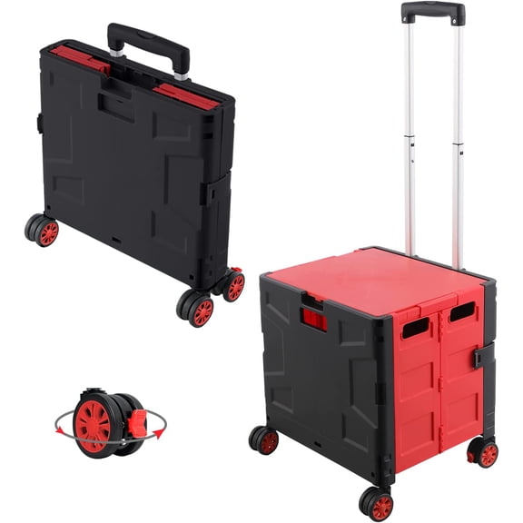 Folding Collapsible Utility Cart with Telescoping Handle and Wheels, Red & Black