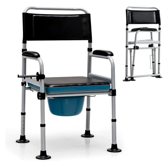 Folding Commode Chair, Height Adjustable Shower Chair w/Large Commode Bucket, Padded Seat, Backrest, Towel Holder, Heavy Duty Bedside Commode for Elderly Rehabilitating People, 440 LBS