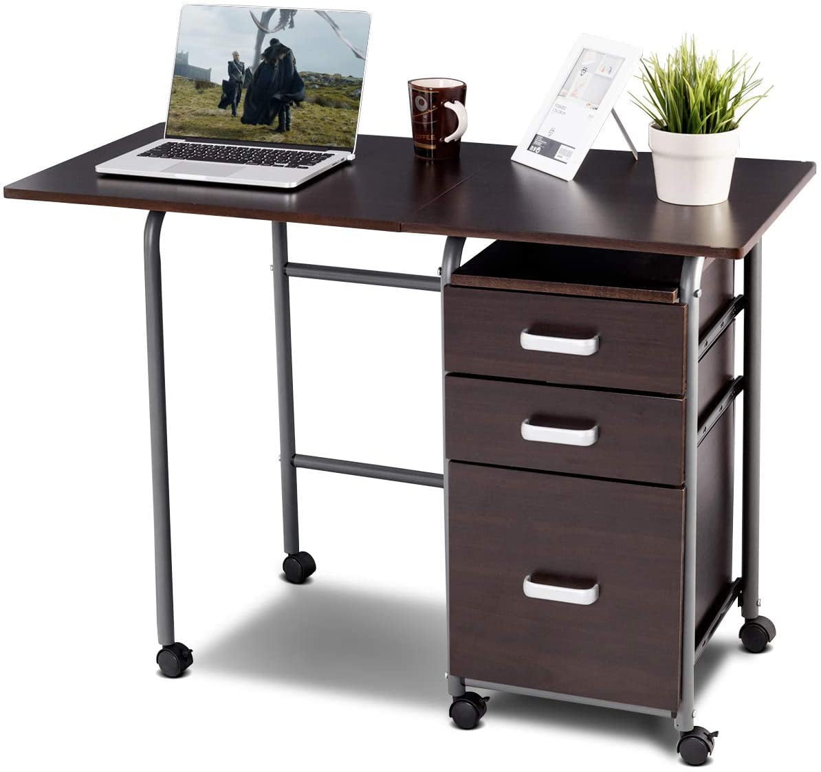 Folding Computer Desk with 3 Storage Drawers, Mobile Home Office Desk