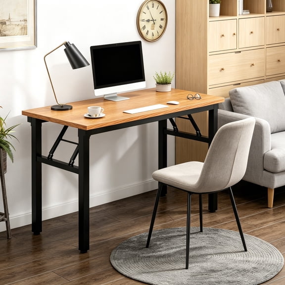 Folding Computer Desk - 39.4 Inch Foldable Office Writing Work Study Desk for Home Bedroom Table for Small Space, Teak & Black