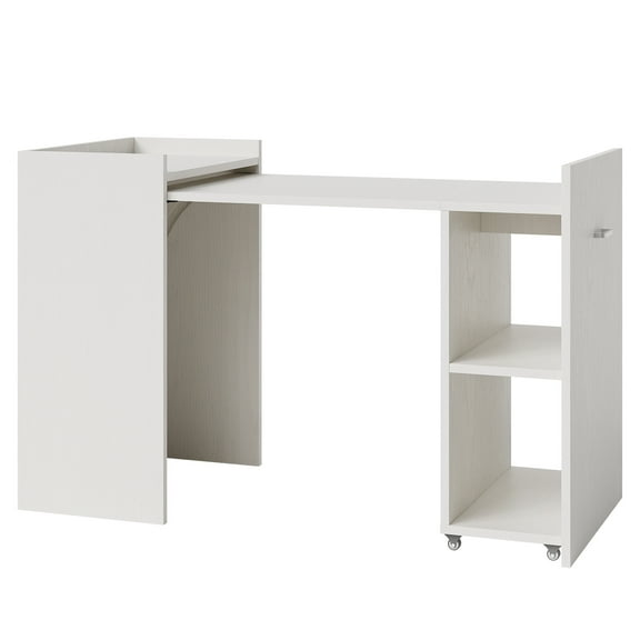 Folding Computer Desk – 50" Space-Saving Convertible Office Desk with 3-Tier Shelves, Drawer, Wheels & Reversible Design, Modern White