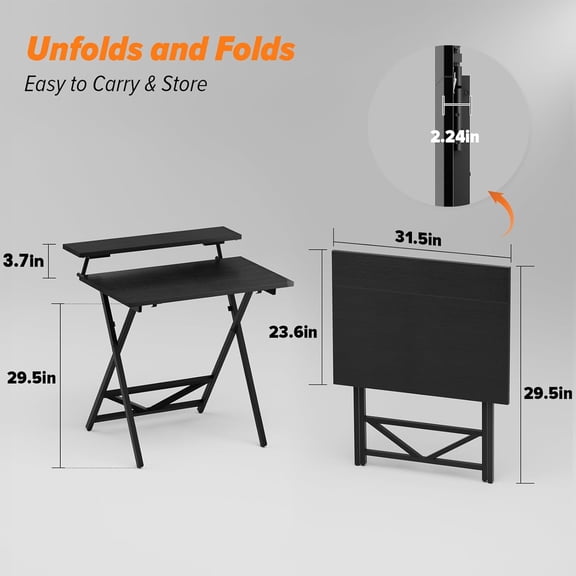 Folding Computer Desk with Adjustable Height, 23.6" x 31.5" x 25.6" Foldable Table with Monitor Stand, Small Office Desk for Bedroom, Space Saving Desk for Home Office, Easy Assemble, Black
