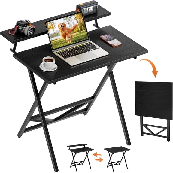 Folding Computer Desk with Adjustable Height, Foldable Table with Monitor Stand, Small Office Desk for Bedroom, Space Saving Desk for Home Office, Easy Assemble