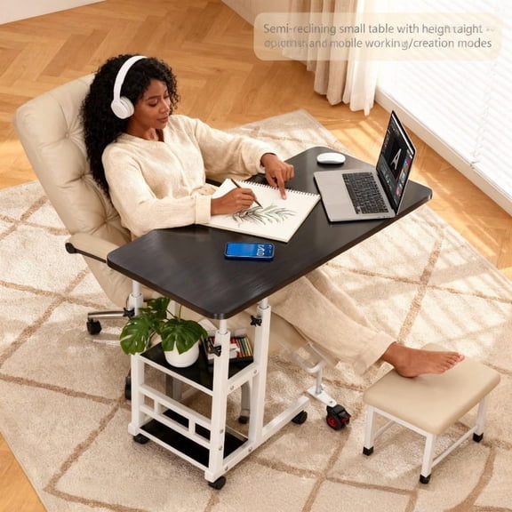 Folding Computer Desk with Drawers, Adjustable Height Mobile Laptop Desk, Movable 3-layer Stable Office Desk, Suitable for Small Spaces, Beds, Sofas, Homes, And Workplaces