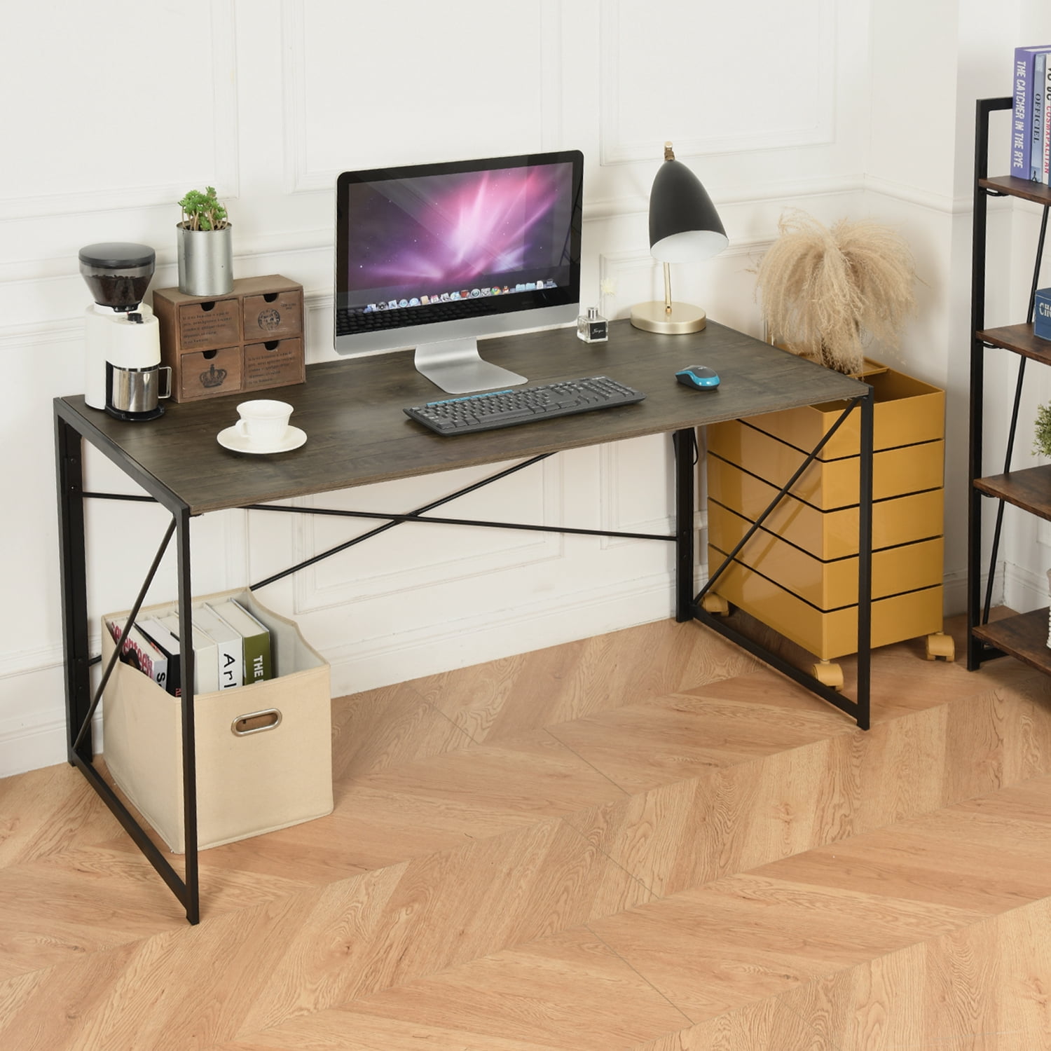 Folding Computer Desk, No Assembly Required Metal Frame Writing Table, Space-Saving Foldable Workstation for Home Office, Brown