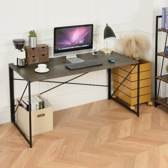 Folding Computer Desk, No Assembly Required Metal Frame Writing Table, Space-Saving Foldable Workstation for Home Office, Brown