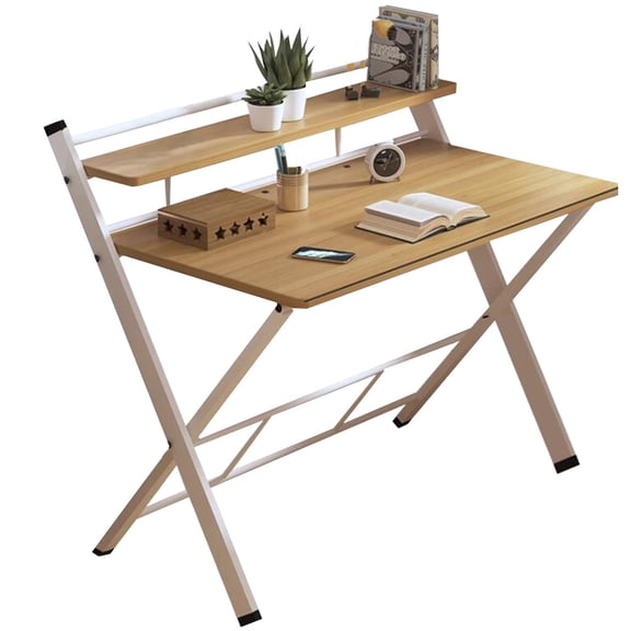 Folding Computer Desk For Small Space, 2 Tier Foldable Table With Shelf, Wood Top Laptop Writing Table For Home Office Foldable Study Desk, Kids Desk, No Assembly