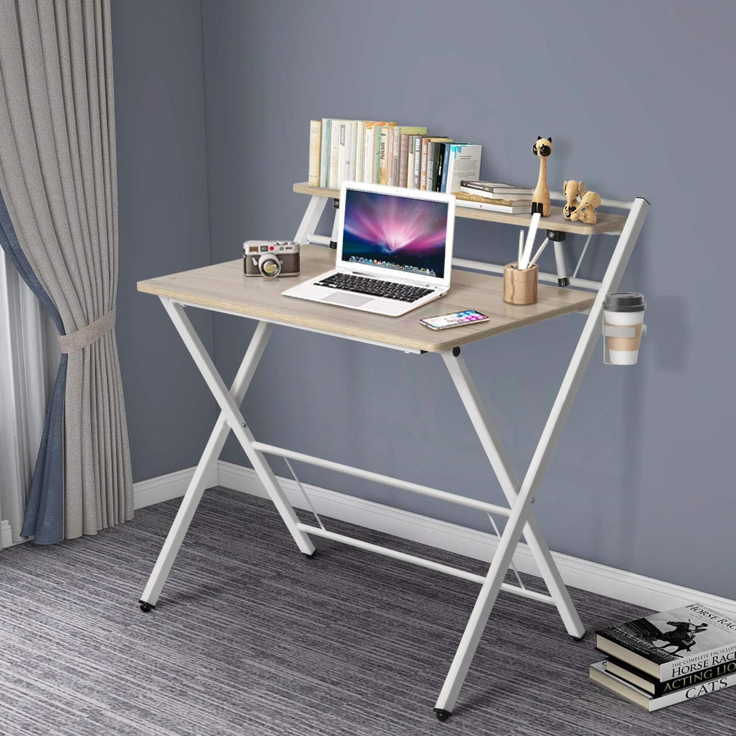 Folding Computer Desk for Small Space, 2 Tier Simple Laptop Writing
