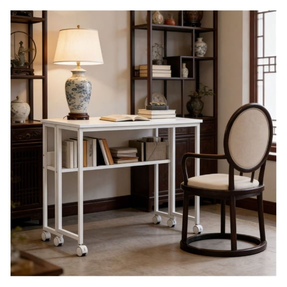 Folding Computer Desk, White Office Desk with Drop Leaf & Shelf - Small Space Desk for Home Office, Portable Study Table with Wheels