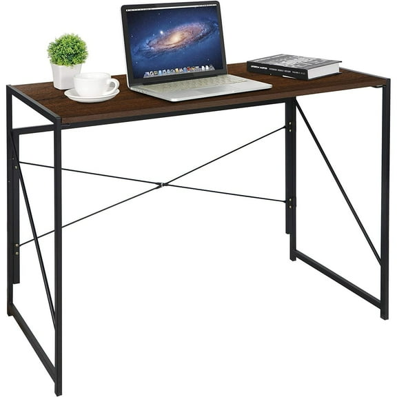 Folding Computer Desk, Writing Study Desks for Home Office, Corner Laptop Gaming Folding Table with Metal Frame, 39 Inches,Brown