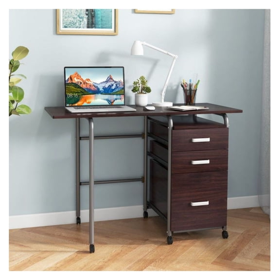 Folding Computer Desk with Drawers, Home Office Laptop Table on Wheels