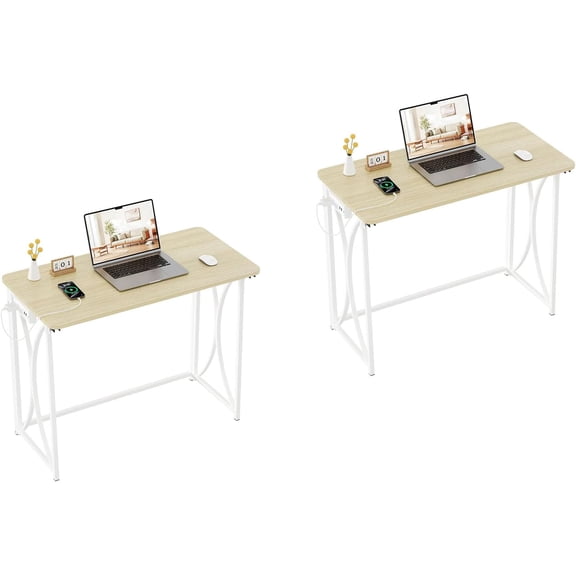 Folding Computer Desk with Power Strip for Bedroom, Space Saving Home Office Desk, No Assembly Need