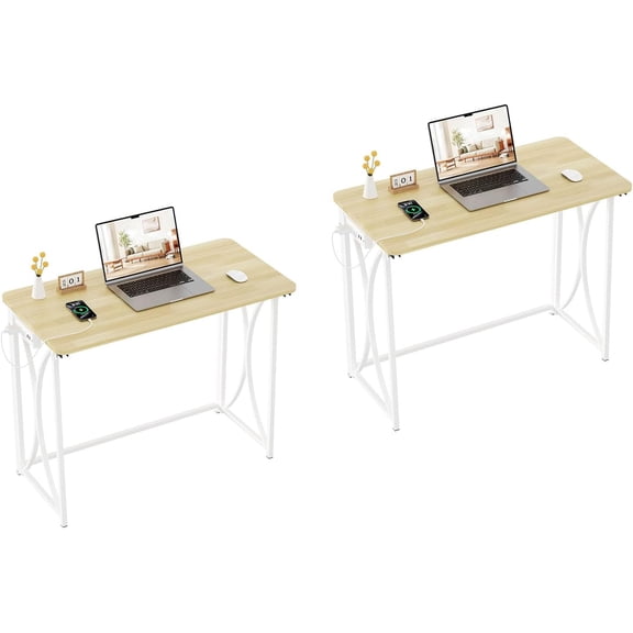 Folding Computer Desk with Power Strip for Bedroom, Space Saving Home Office Desk, No Assembly Need