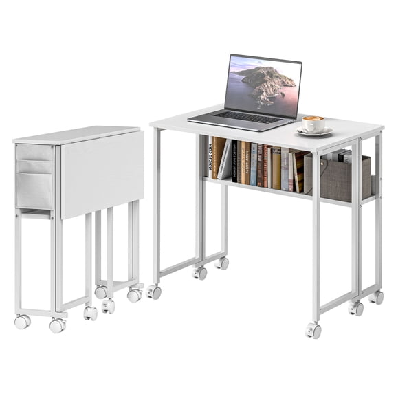 Folding Computer Desk with Storage, Portable Home Office Desk with Wheels, Drop Leaf Desk for Small Spaces, White