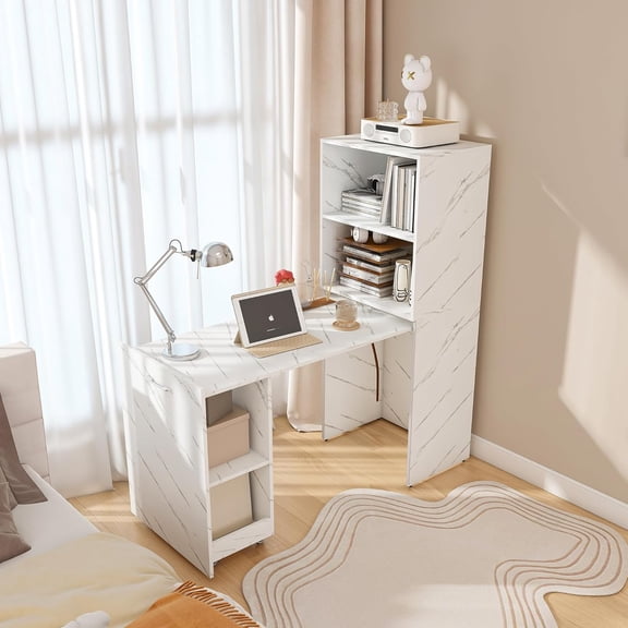 Folding Computer Desk with Wheels,Hideaway Desk with Storage Shelves, Murphy Desk for Small Apartments and Offices