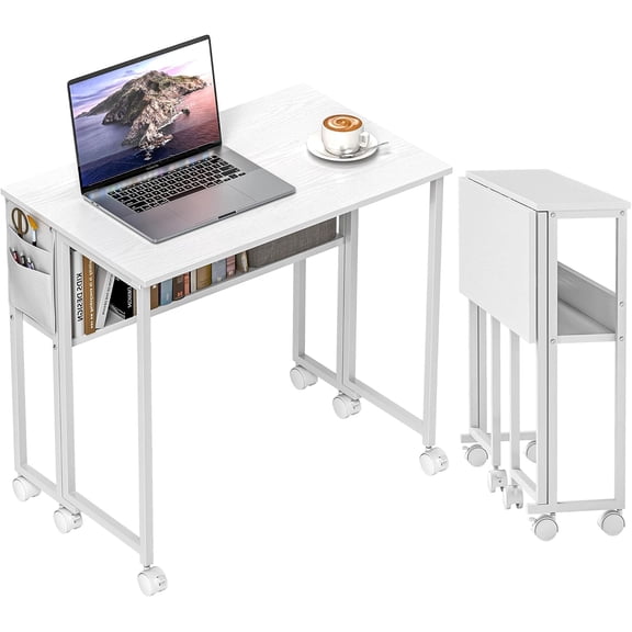 Folding Computer Desk with Wheels and Storage Bag, Foldable Home Office Desk with Shelf, Compact Rolling Writing Table for Small Spaces, White