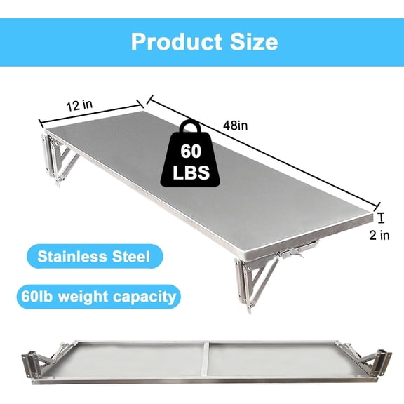 Folding Concession Shelf 48"x 12", Stainless Steel Drop Down Folding Serving Food Serving Stand for Concession Windows