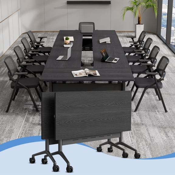 Folding Conference Room Table for 6-12 Person, Modular Mobile Training Tables with Locking Wheels, Modern Seminar Meeting desk for Office (47.2 Black2 2)