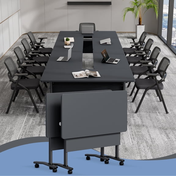 Folding Conference Room Table for 6-12 Person, Modular Mobile Training Tables with Locking Wheels, Modern Seminar Meeting desk for Office (47.2 Black3 2)