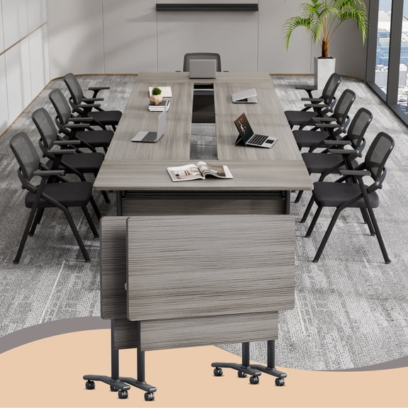 Folding Conference Room Table for 6-12 Person, Modular Mobile Training Tables with Locking Wheels, Modern Seminar Meeting desk for Office (47.2 Elm 2)