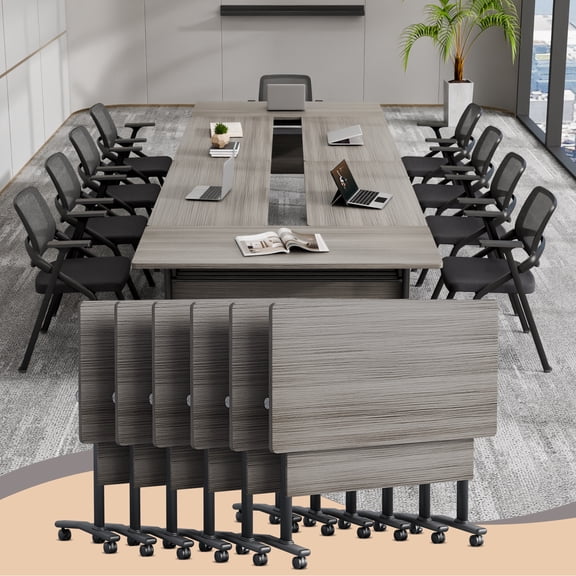 Folding Conference Room Table for 6-12 Person, Modular Mobile Training Tables with Locking Wheels, Modern Seminar Meeting desk for Office (47.2 Elm 6)