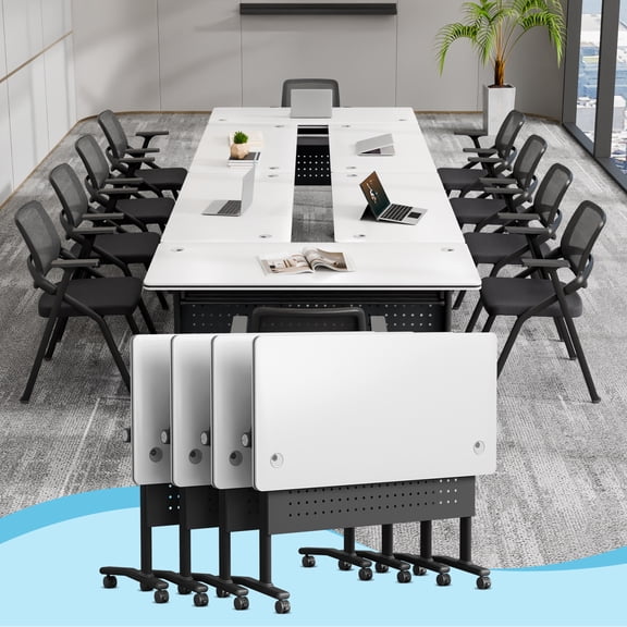 Folding Conference Room Table for 6-12 Person, Modular Mobile Training Tables with Locking Wheels, Modern Seminar Meeting desk for Office (55.1 White 4)