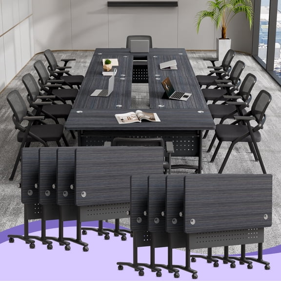 Folding Conference Room Table for 6-12 Person, Modular Mobile Training Tables with Locking Wheels, Modern Seminar Meeting desk for Office (61 Black 8)