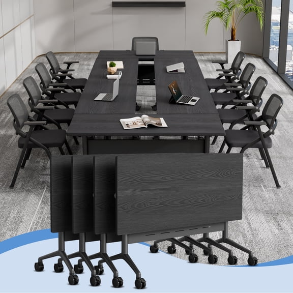 Folding Conference Room Table for 6-12 Person, Modular Mobile Training Tables with Locking Wheels, Modern Seminar Meeting desk for Office (61 Black2 4)