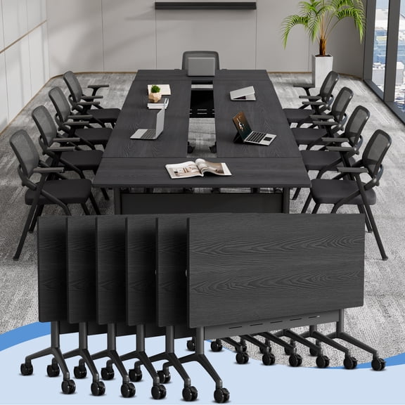 Folding Conference Room Table for 6-12 Person, Modular Mobile Training Tables with Locking Wheels, Modern Seminar Meeting desk for Office (61 Black2 6)