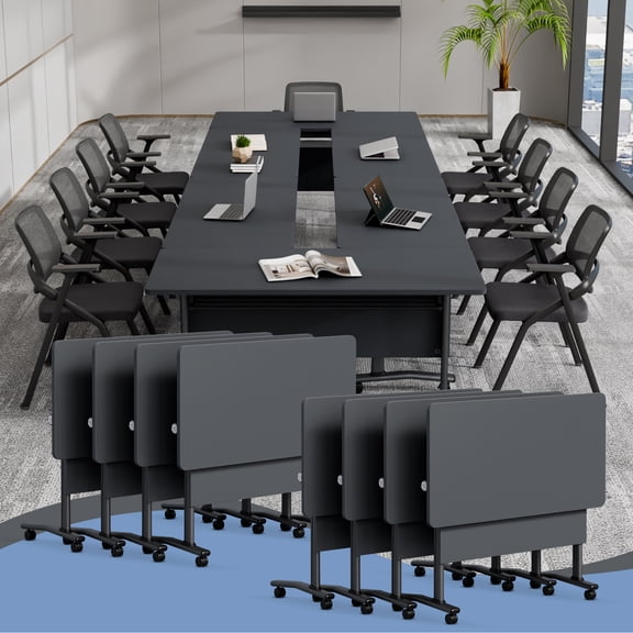 Folding Conference Room Table for 6-12 Person, Modular Mobile Training Tables with Locking Wheels, Modern Seminar Meeting desk for Office (61 Black3 8)