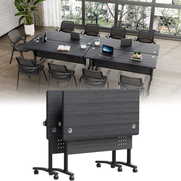 Folding Conference Room Table with Casters, Flip Top Mobile Training Meeting Table with 2 Cable Grommets, Modular Conference Table for Boardroom Classroom Office (2PCS 47.2in)